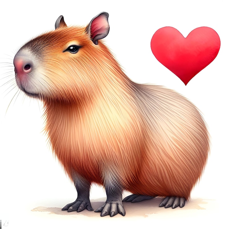 Foto lindo capibara con corazón rojo para la decoración de tarjetas del día de san valentín pintura de acuarela