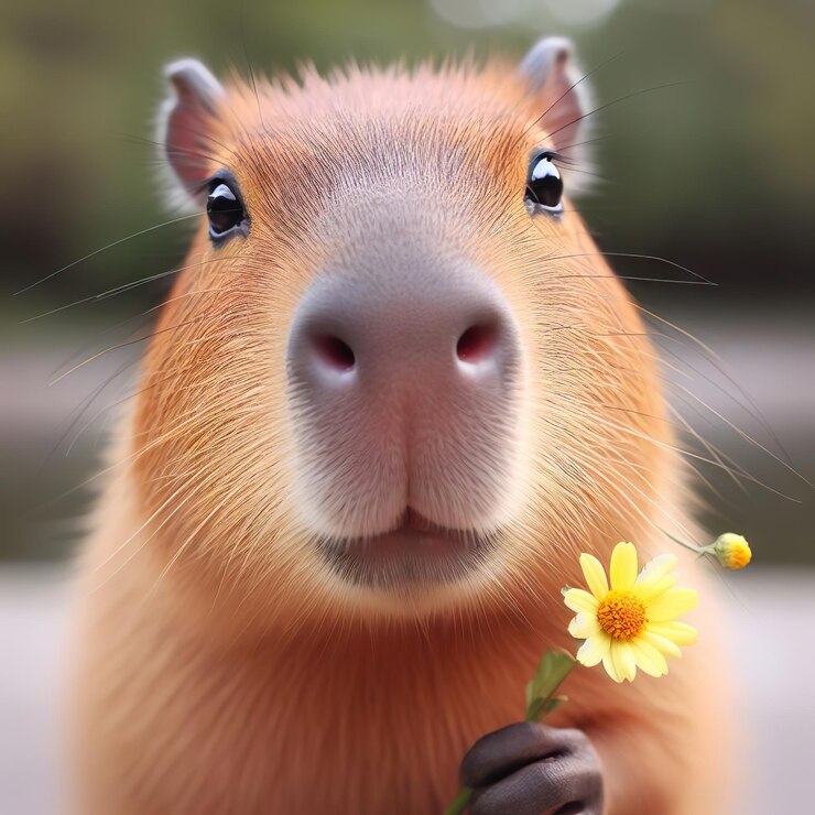 Foto lindo capibara con mariposa sostiene una flor en su mano en un fondo claro tarjeta de saludo universal