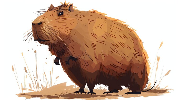 Foto un lindo capibara de pie en la hierba tiene pelaje marrón y una larga cola está mirando al espectador con sus grandes ojos redondos
