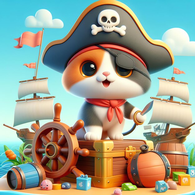 El lindo capitán pirata gato con la espada dibujos animados en 3D Ilustración de icono Ciencia Vacaciones aisladas