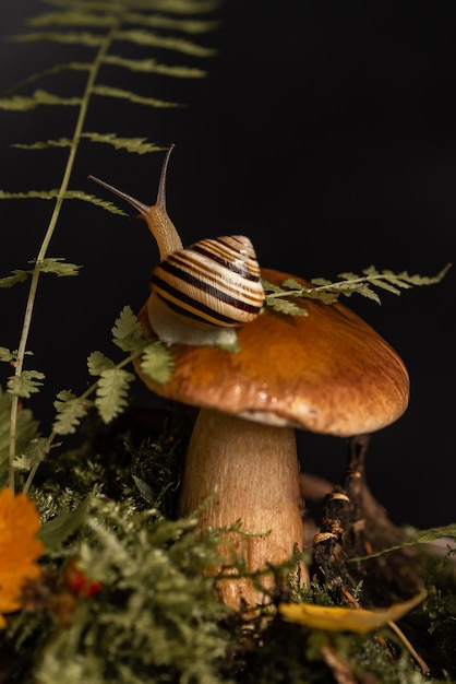 Lindo caracol con concha rayada se sienta en la parte superior del gran hongo boletus que crece a través de musgo y hojas caídas en el bosque