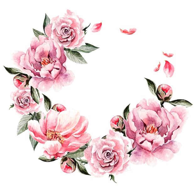 Lindo cartão de aquarela com flor de peônia e rosas