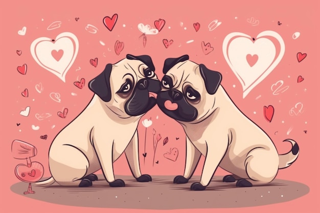 Foto lindo cartão de dia dos namorados com cachorros pug de desenho animado beijando personagens generativos ai