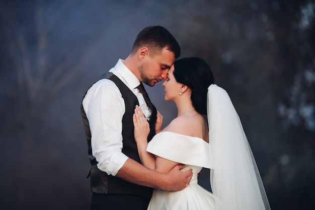 Lindo casal apaixonado em poses de casamento para a câmera