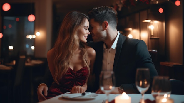 Lindo casal apaixonado está passando um tempo juntos para jantar no restaurante comemorando o Dia dos Namorados