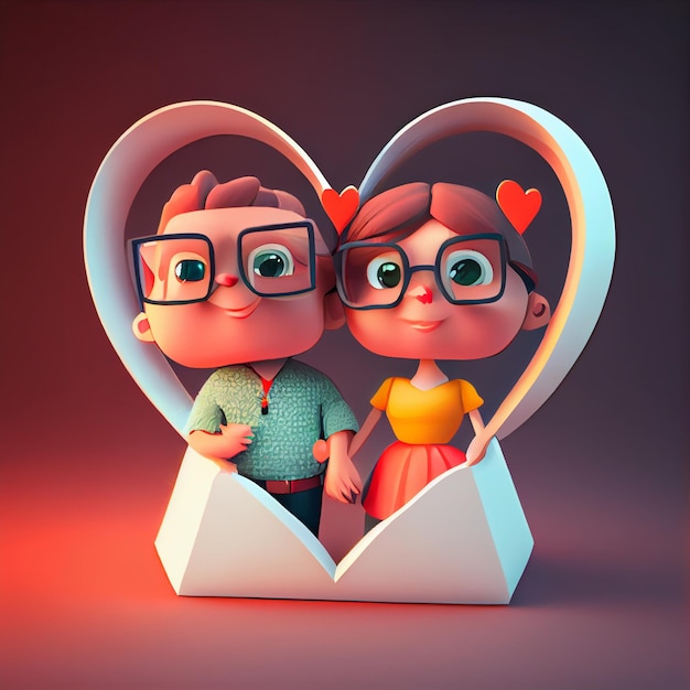 Lindo casal apaixonado por ilustração de renderização 3d de cartão de dia dos namorados de corações