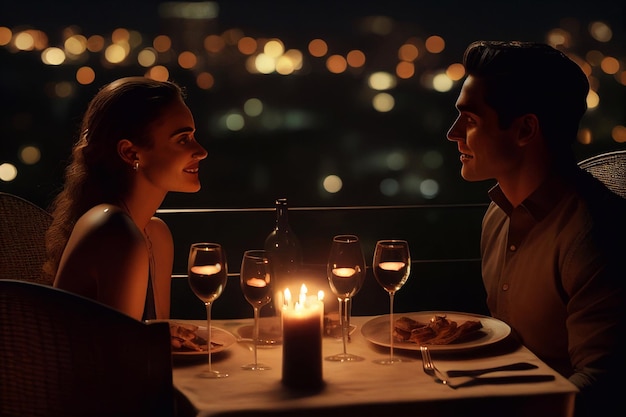 Lindo casal apaixonado tendo um jantar romântico à noite. jovem casal desfrutando de um jantar romântico à luz de velas, ao ar livre. Casal feliz na noite de verão tendo um jantar romântico.