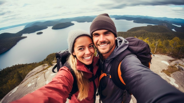 Lindo casal capturando momentos nas montanhas