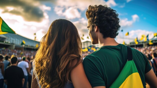 Lindo casal de costas para a câmera com uma bandeira do Brasil no Dia da Independência do Brasil