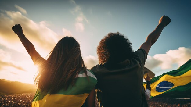 Foto lindo casal de costas para a câmera com uma bandeira do brasil no dia da independência do brasil