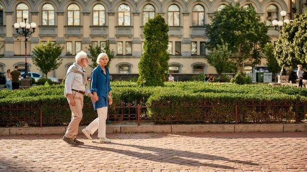 Lindo casal de idosos de mãos dadas enquanto caminham juntos pela rua