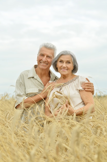 Lindo casal de idosos feliz em campo de verão