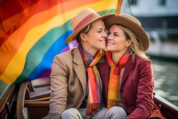 Lindo casal de lésbicas em um barco em Amsterdã celebrando o orgulho lgbtq com padrões de bandeira de arco-íris