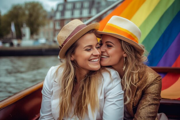 Lindo casal de lésbicas em um barco em Amsterdã comemorando o orgulho lgbtq com padrões de bandeira de arco-íris