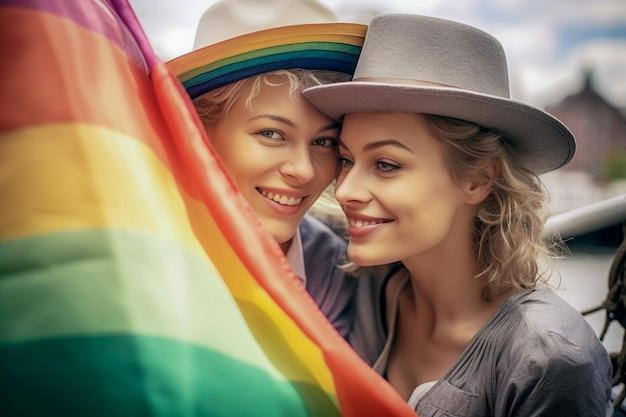 Lindo casal de lésbicas em um barco em Amsterdã comemorando o orgulho lgbtq com padrões de bandeira de arco-íris