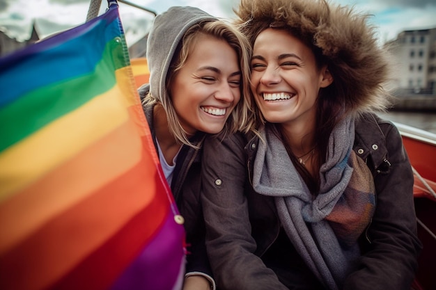 Lindo casal de lésbicas em um barco em Amsterdã comemorando o orgulho lgbtq com padrões de bandeira de arco-íris