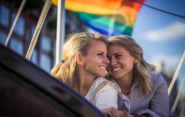 Lindo casal de lésbicas em um barco em Amsterdã comemorando o orgulho lgbtq com padrões de bandeira de arco-íris