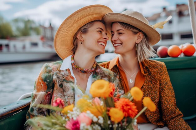 Lindo casal de lésbicas em um barco em Amsterdã comemorando o orgulho lgbtq com padrões de bandeira de arco-íris