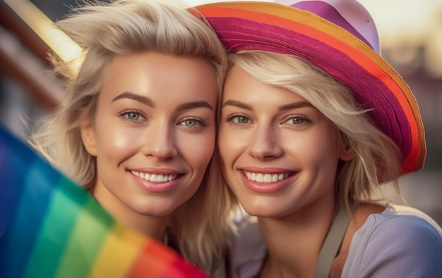 Lindo casal de lésbicas em um barco em Amsterdã comemorando o orgulho lgbtq com padrões de bandeira de arco-íris