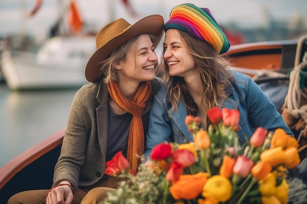 Lindo casal de lésbicas em um barco em Amsterdã comemorando o orgulho lgbtq com padrões de bandeira de arco-íris