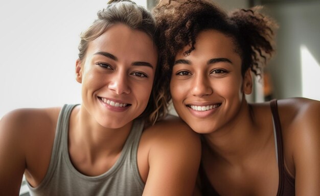 Lindo casal de lésbicas gays praticando meditação mindfulness e bem-estar em casa