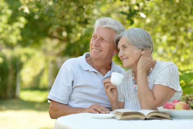 Lindo casal de velhos felizes com livro no verão