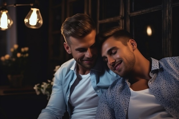 Lindo casal gay sendo romântico dentro de casa