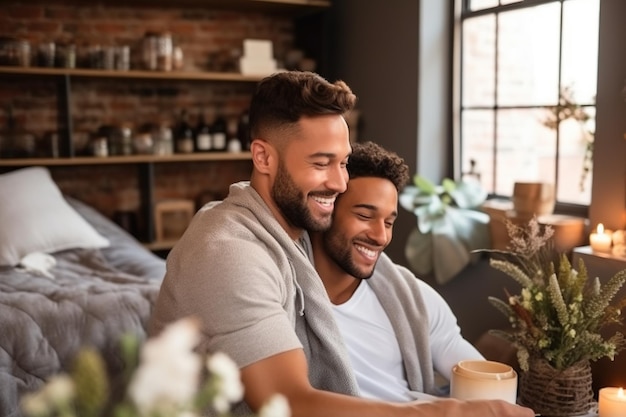 Lindo casal gay sendo romântico dentro de casa