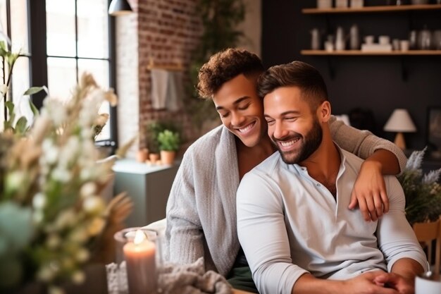 Lindo casal gay sendo romântico dentro de casa