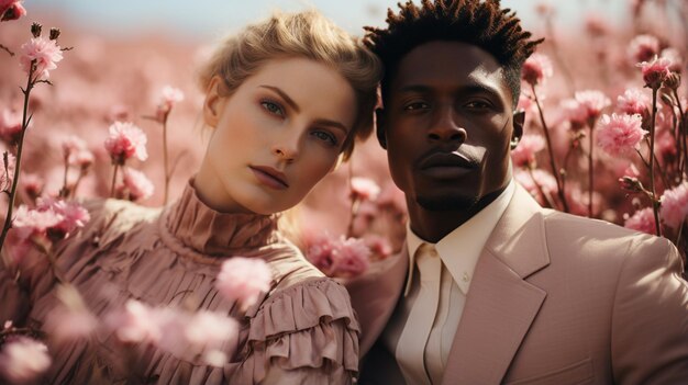 lindo casal jovem posando no campo com retrato ao ar livre de flores desabrochando