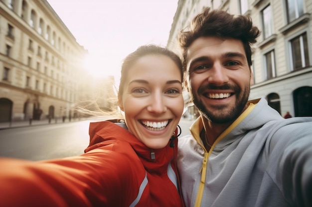 Lindo casal tira fotos enquanto corre Generative Ai