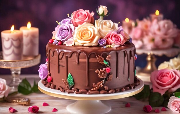 Lindo casamento dos recém-casados bolo de casamento com chocolate e creme doce com velas rosas gelo B