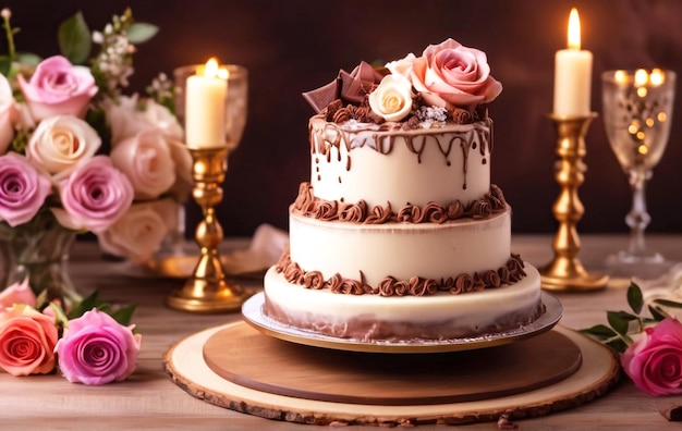 Lindo casamento dos recém-casados bolo de casamento com chocolate e creme doce com velas rosas gelo B