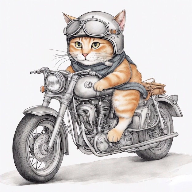 Un lindo casco de gato gordo montando una motocicleta boceto en acuarela Ilustración generativa de ai de estilo grunge