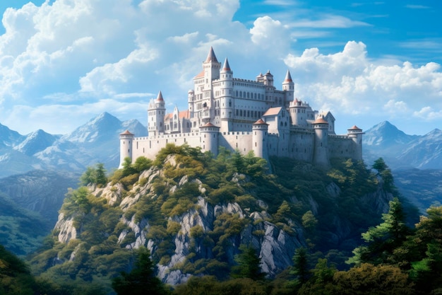 lindo castelo branco de fantasia medieval em uma colina