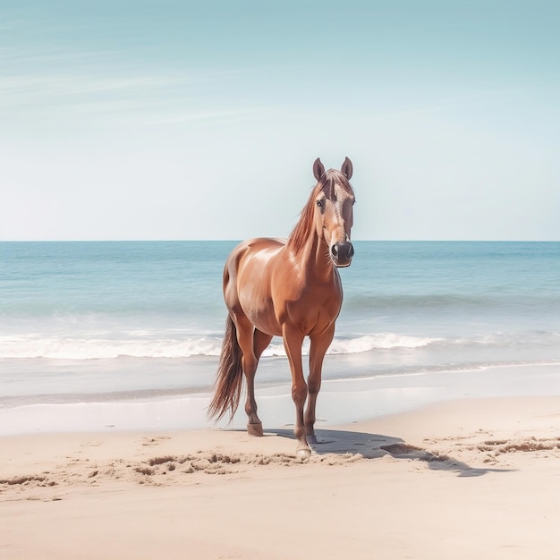 Lindo cavalo apreciando a vista para o mar na praia Generative AI