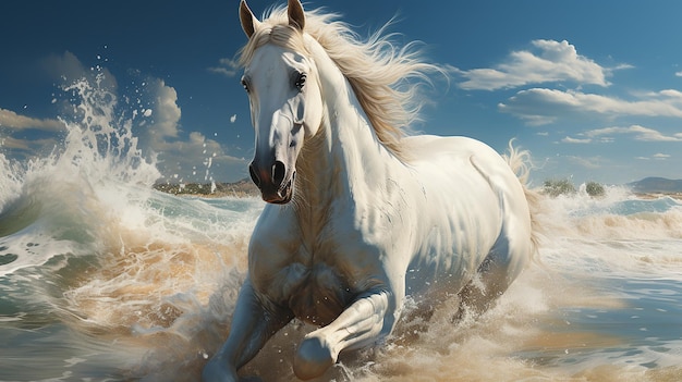 Lindo cavalo branco correndo na praia estilo artista