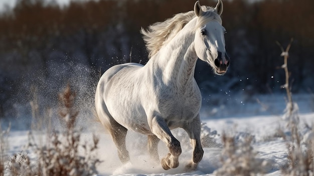 Lindo cavalo branco galopando na neve geradora ai