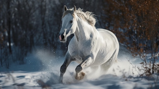 Lindo cavalo branco galopando na neve geradora ai