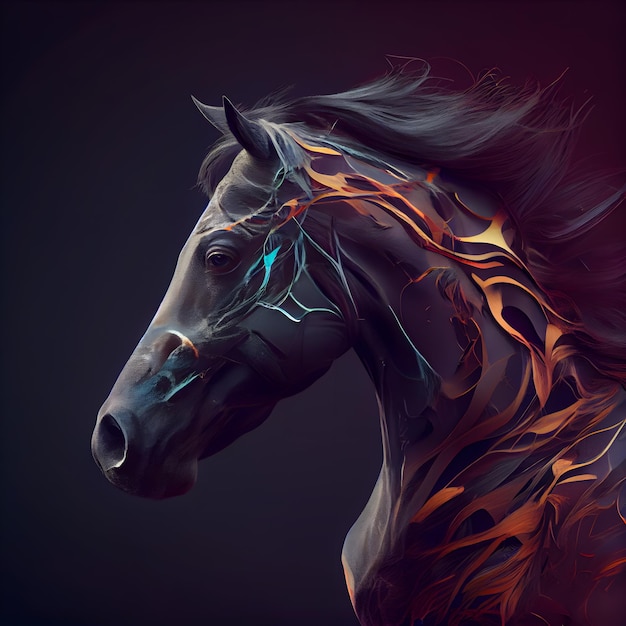 Lindo cavalo com uma juba preta na ilustração do vento