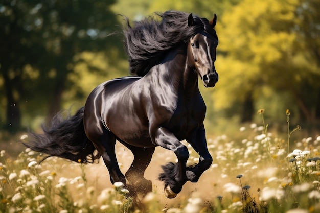 Lindo cavalo preto brincando no campo IA generativa