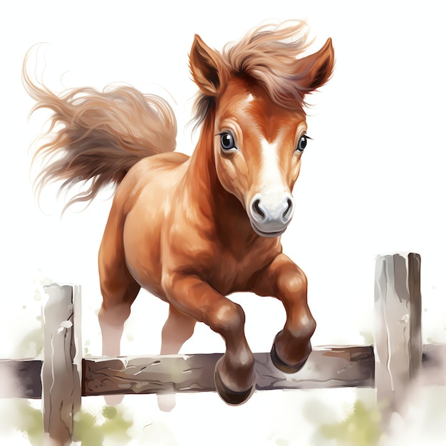 Lindo cavalo pulando uma cerca ilustração clipart em aquarela