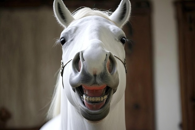 Lindo cavalo rindo branco com grandes olhos redondos