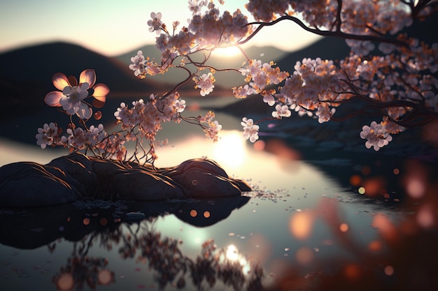 Lindo cenário de flores de galho de árvore de primavera com galho florescendo em fundo de raios de luz solar.