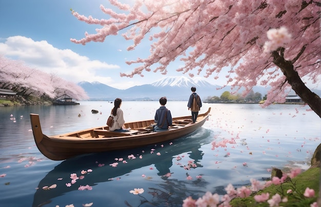 Lindo cenário panorâmico de primavera com flores de cerejeira caindo ao lado de um lago bonito e tranquilo