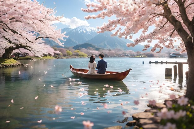 Lindo cenário panorâmico de primavera com flores de cerejeira caindo ao lado de um lago lindo e tranquilo