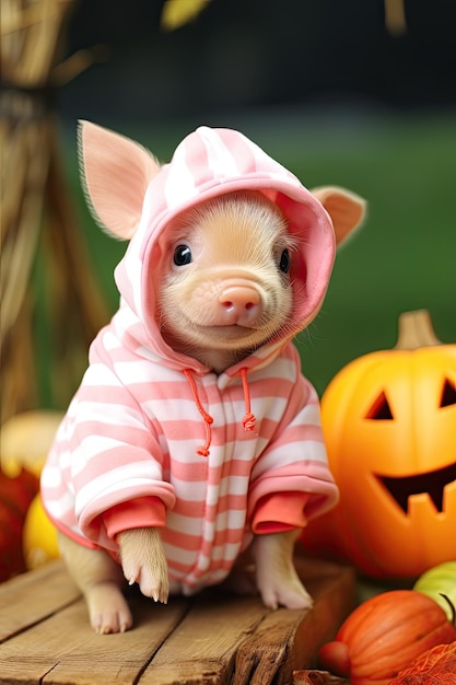 Lindo cerdito doméstico con disfraz de Halloween y calabaza Fiesta de temporada IA generativa