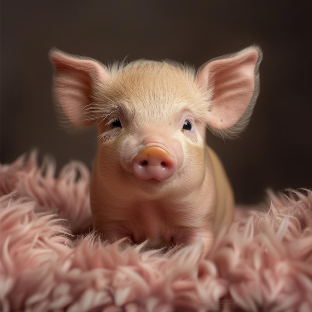 Foto un lindo cerdito rosa con orejas grandes se sienta en una suave manta rosa