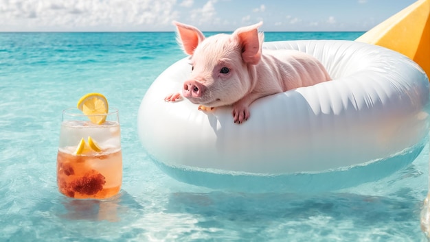 Lindo cerdo en un anillo de natación tomando un cóctel en la playa