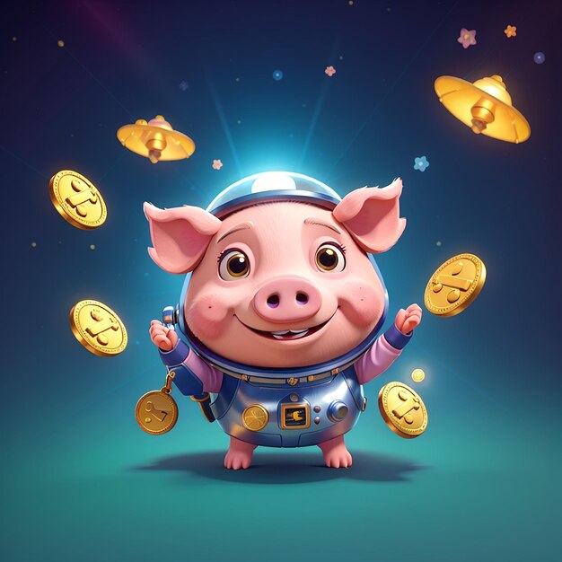 Foto el lindo cerdo atrapando monedas de oro con dinero con ufo ilustración de icono vectorial de dibujos animados icono de finanzas animales concepto aislado de estilo de dibujo animado plano vectorial premium